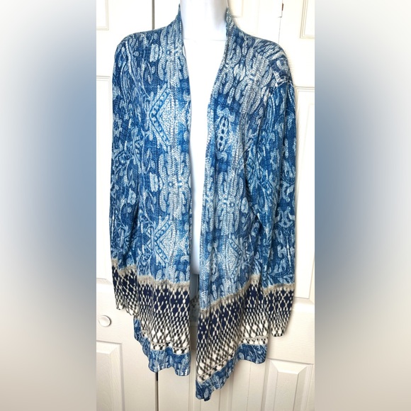 CHICOS Mixed Paisley Maizy Cardigan Sweater Long Blue Ivory Open Front Thin Knit - Picture 2 of 14